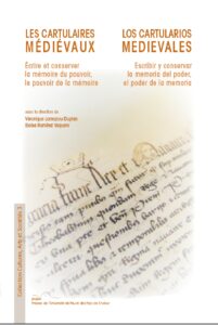 La photographie de couverture est un coin de cartulaires médiévaux : des lettres manuscrites rédigées à la plume sont présentes ainsi que quelques fioritures (un visage, une couronne).