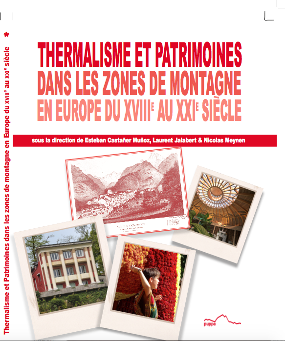 Couverture blanche avec le titre en rouge en haut. Il y a 4 photos représentant des stations thermales dans des cadres rappelant les polaroids.