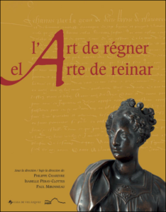 Couverture couleur or, avec un titre en rouge. Il y a en bas à droite un buste en bronze représentant une femme couronnée, et nommé Allégorie de la Navarre.