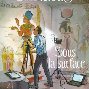 Couverture de la revue avec une illustration représentant un chercheur dans un tombeau égyptien